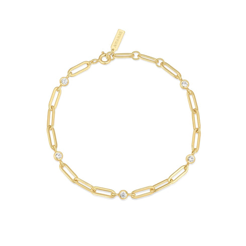 Gold Bezel Station Paper Clip Chain Bracelet
