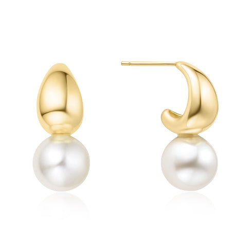 Gold Shell Pearl Dome Hoop Earrings
