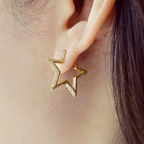 Gold Medium Star Pavé Hoop Earrings