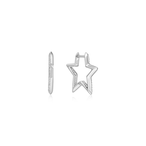 Silver Medium Star Pavé Hoop Earrings