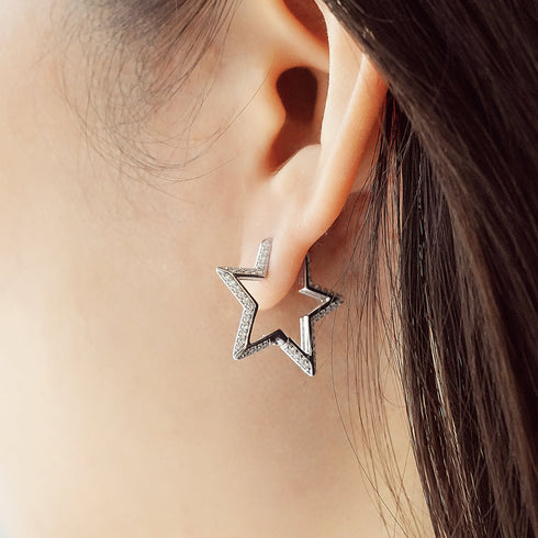 Silver Medium Star Pavé Hoop Earrings