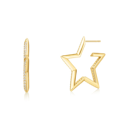 Gold Large Star-Shaped Pavé Hoop Earrings