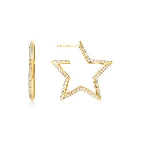 Gold Large Star-Shaped Pavé Hoop Earrings