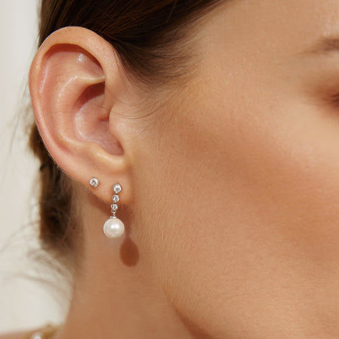 Silver Tennis Beaded Stone Shell Pearl Drop Stud Earrings