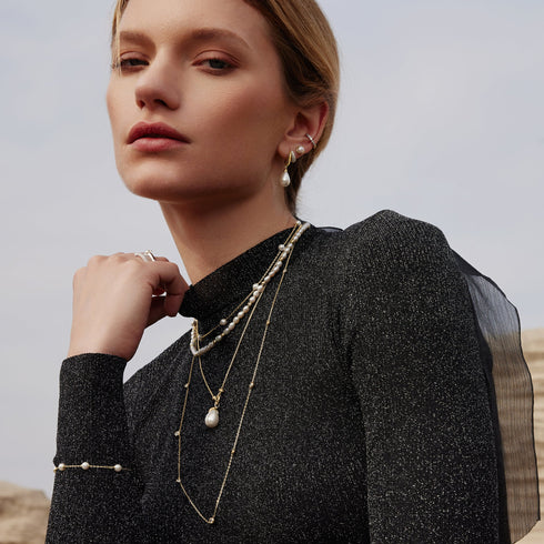 Gold Sparkling Duet Mixed Shell Pearl Drop Huggie Hoop Earrings