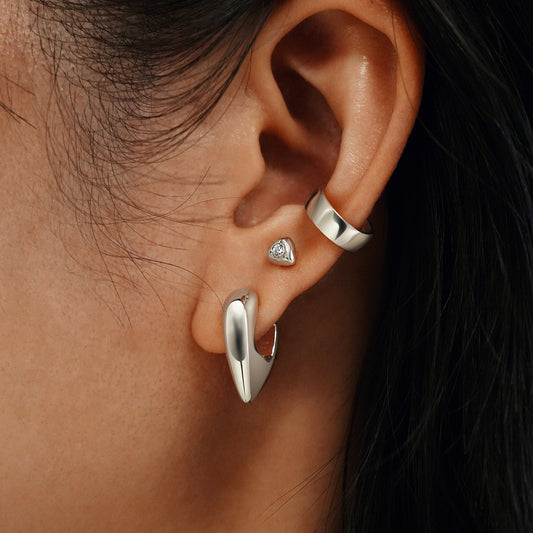 Silver Puffy Shield Huggie Hoop Earrings