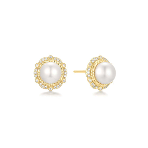 Gold Shell Pearl Bloom Stud Earrings