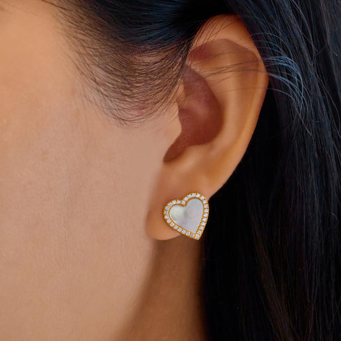 Gold Mother of Pearl Halo Heart Stud Earrings