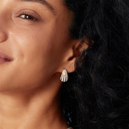 Gold Pavé Shrimp Stud Hoop Earrings