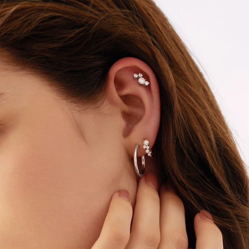 Silver Shell Pearl Cluster Huggie Hoop Earrings