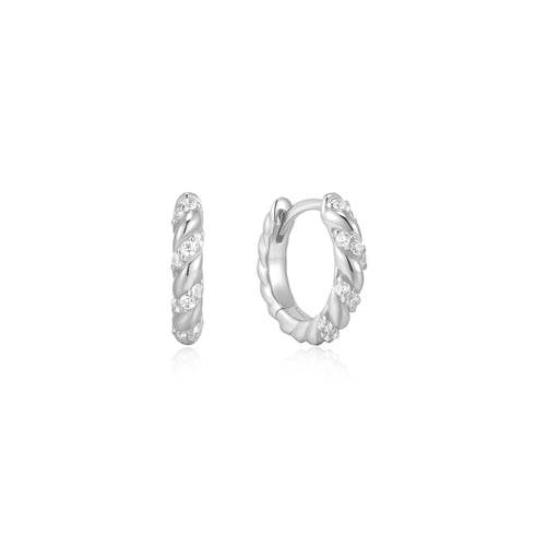 Silver Sparkle Twisted Huggie Hoop Earrings