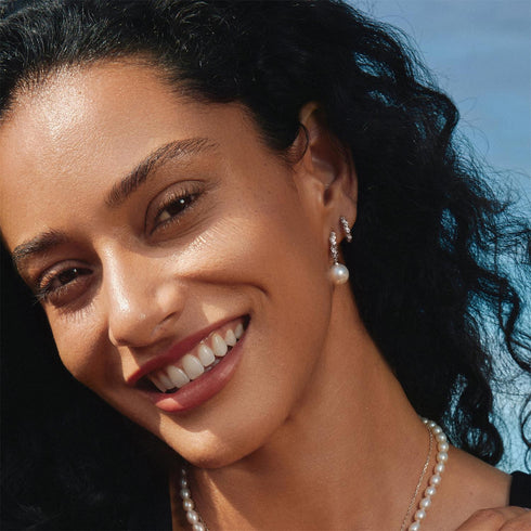 Silver Shell Pearl Dangling Twisted Huggie Hoop Earrings