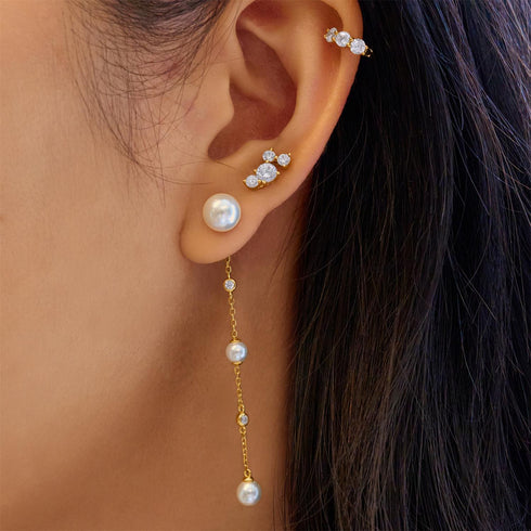 Gold Cascade Shell Pearl Station Drop Stud Earrings