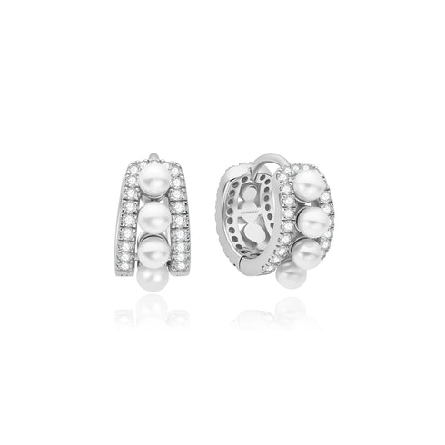 Silver Sparkling Shell Pearl Row Huggie Hoop Earrings