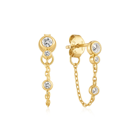Gold Bezel-Set Drop Chain Stud Earrings
