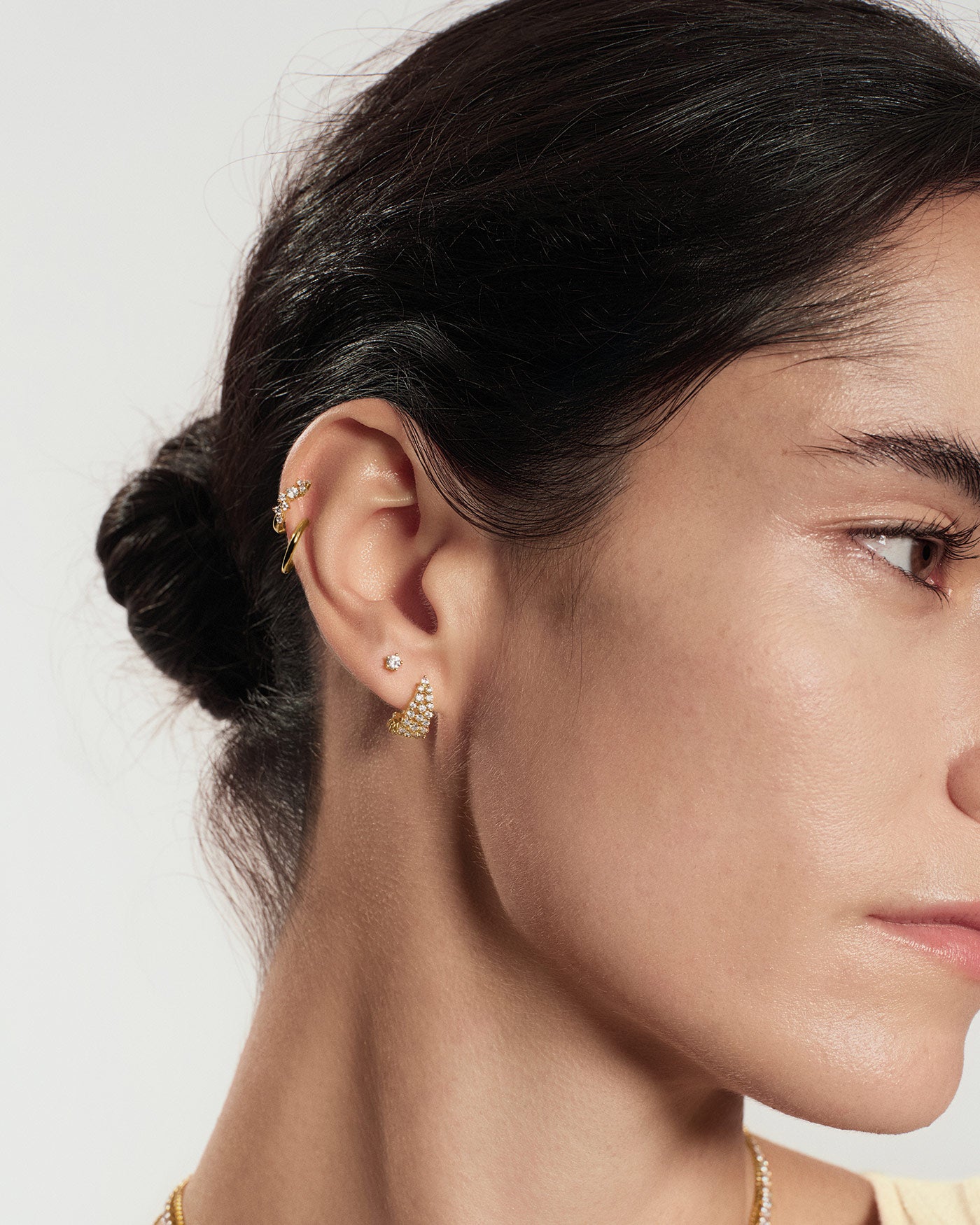Gold Pavé Openwork Curved Stud Hoop Earrings