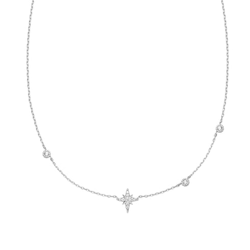 Silver Eight-Pointed Star Cubic Zirconia Station Necklace