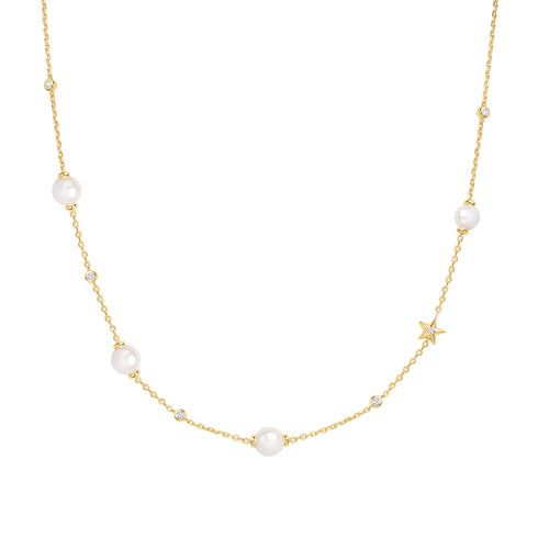 Gold Shell Pearl and Star Station Necklace