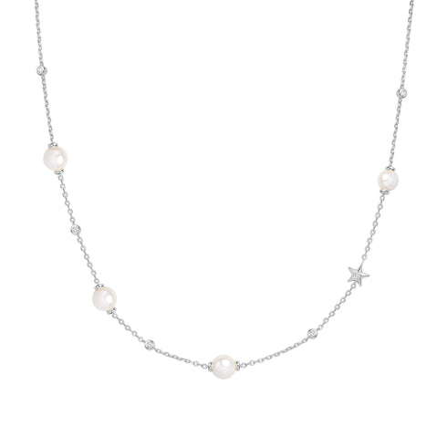 Silver Shell Pearl and Star Station Necklace
