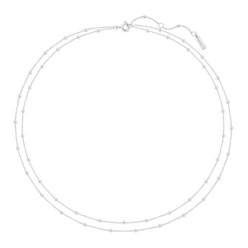 Silver Double Chain Bead Station Necklace
