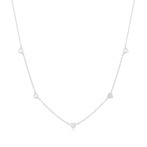 Silver Pavé Puffed Heart Station Necklace
