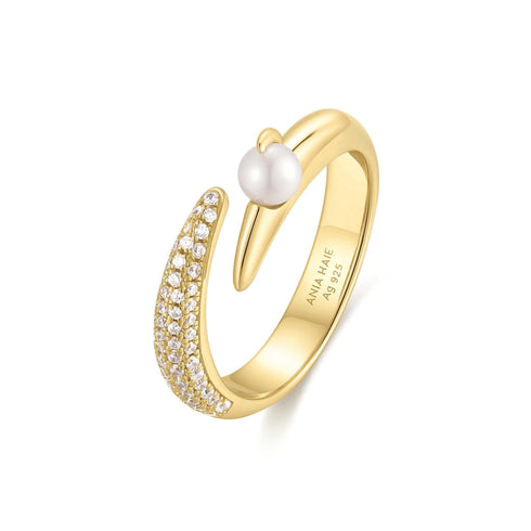 Gold Sparkle Pearl Crossover Adjustable Ring