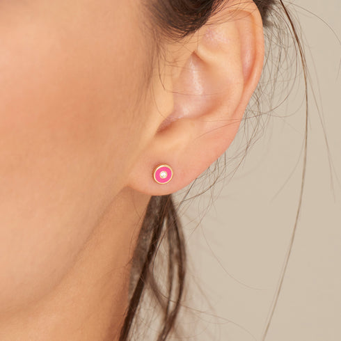 Neon Pink Enamel Disc Gold Stud Earrings