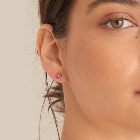 Neon Pink Enamel Disc Gold Stud Earrings
