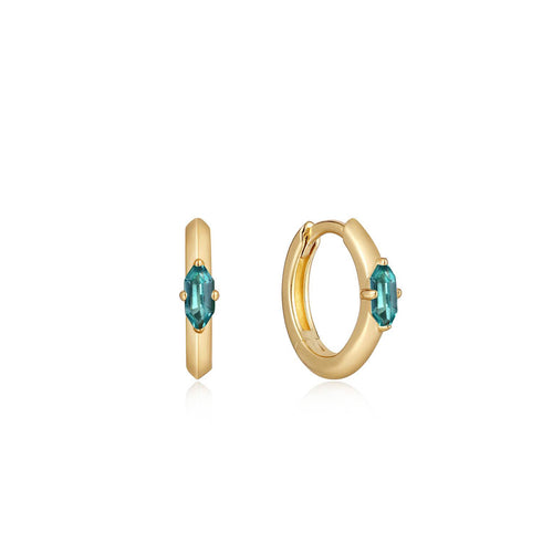 Gold Teal Sparkle Emblem Huggie Hoop Earrings