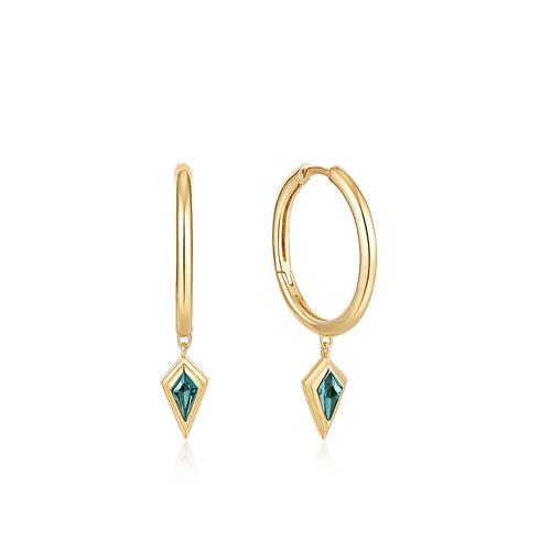 Gold Teal Sparkle Drop Pendant Hoop Earrings