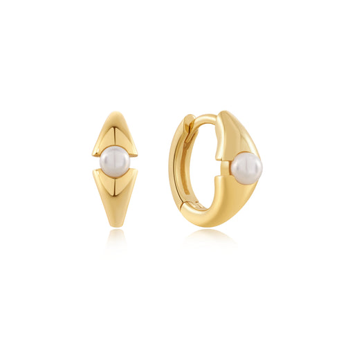 Gold Shell Pearl Geometric Huggie Hoop Earrings