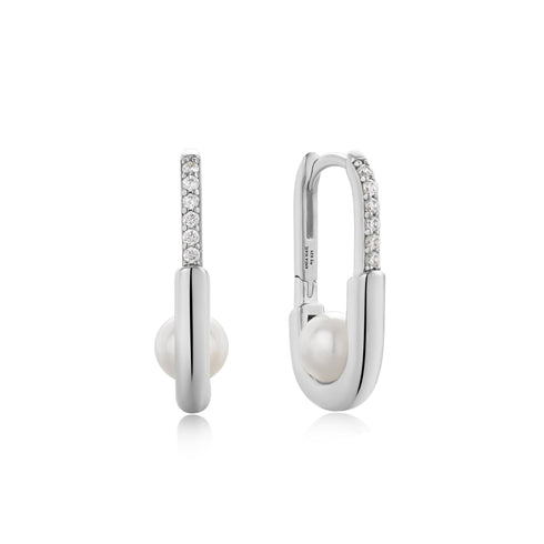Silver Shell Pearl Interlock Oval Hoop Earrings
