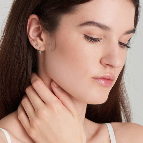 14kt Gold Turquoise Cabochon and White Sapphire Hook Earrings