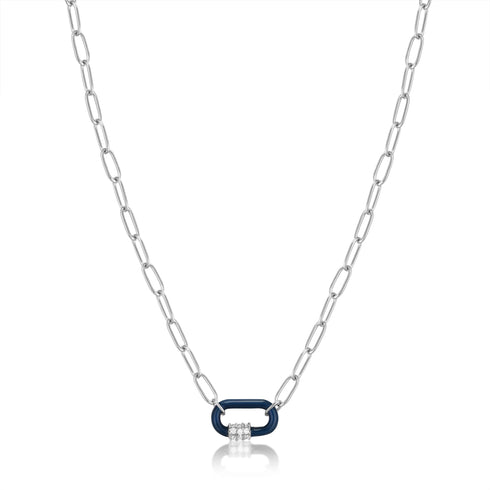 Navy Blue Enamel Carabiner Silver Necklace