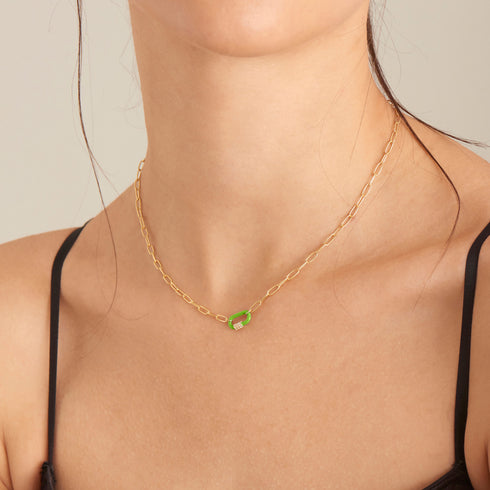 Neon Green Enamel Carabiner Gold Necklace