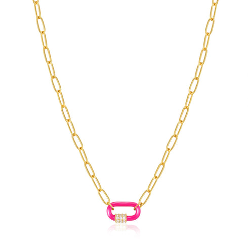Neon Pink Enamel Carabiner Gold Necklace