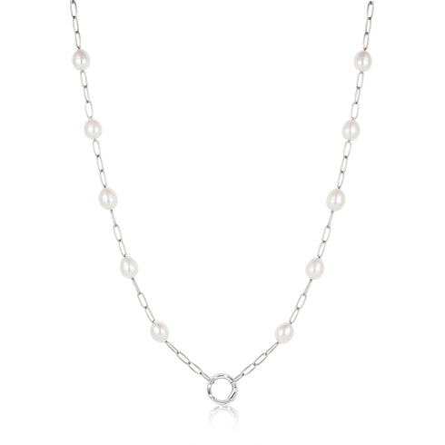 Silver Pearl Chain Charm Connector Necklace