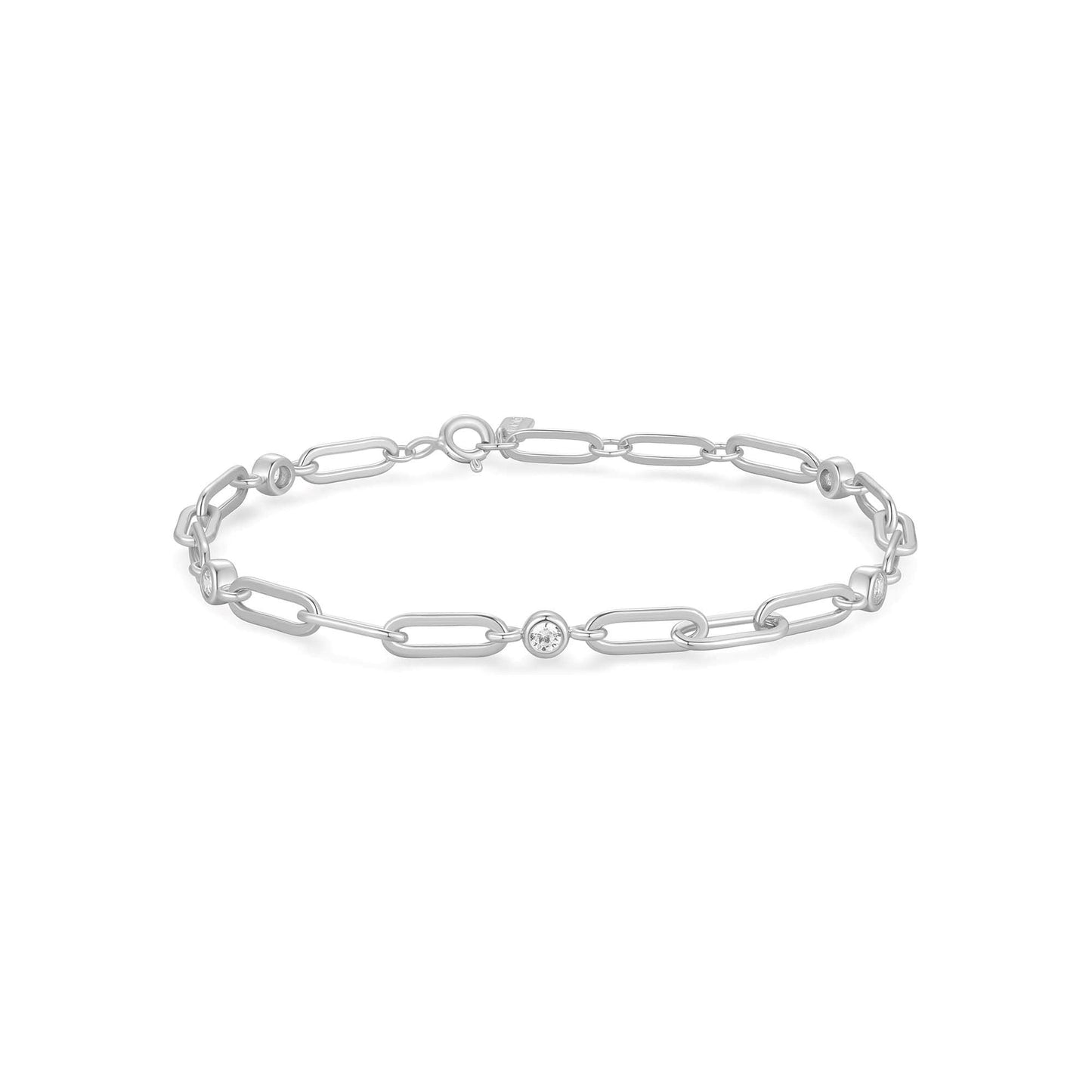 Silver Bezel Station Paper Clip Chain Bracelet