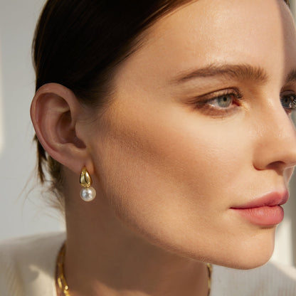 Gold Shell Pearl Dome Hoop Earrings