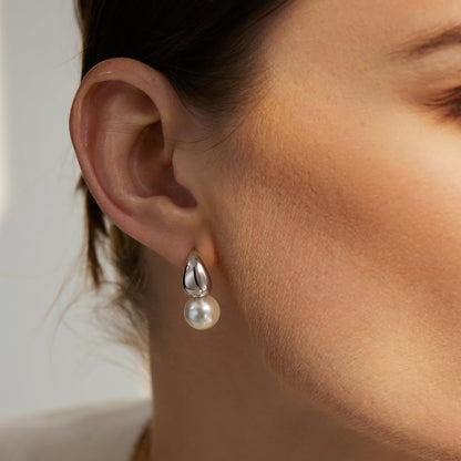 Silver Shell Pearl Dome Hoop Earrings