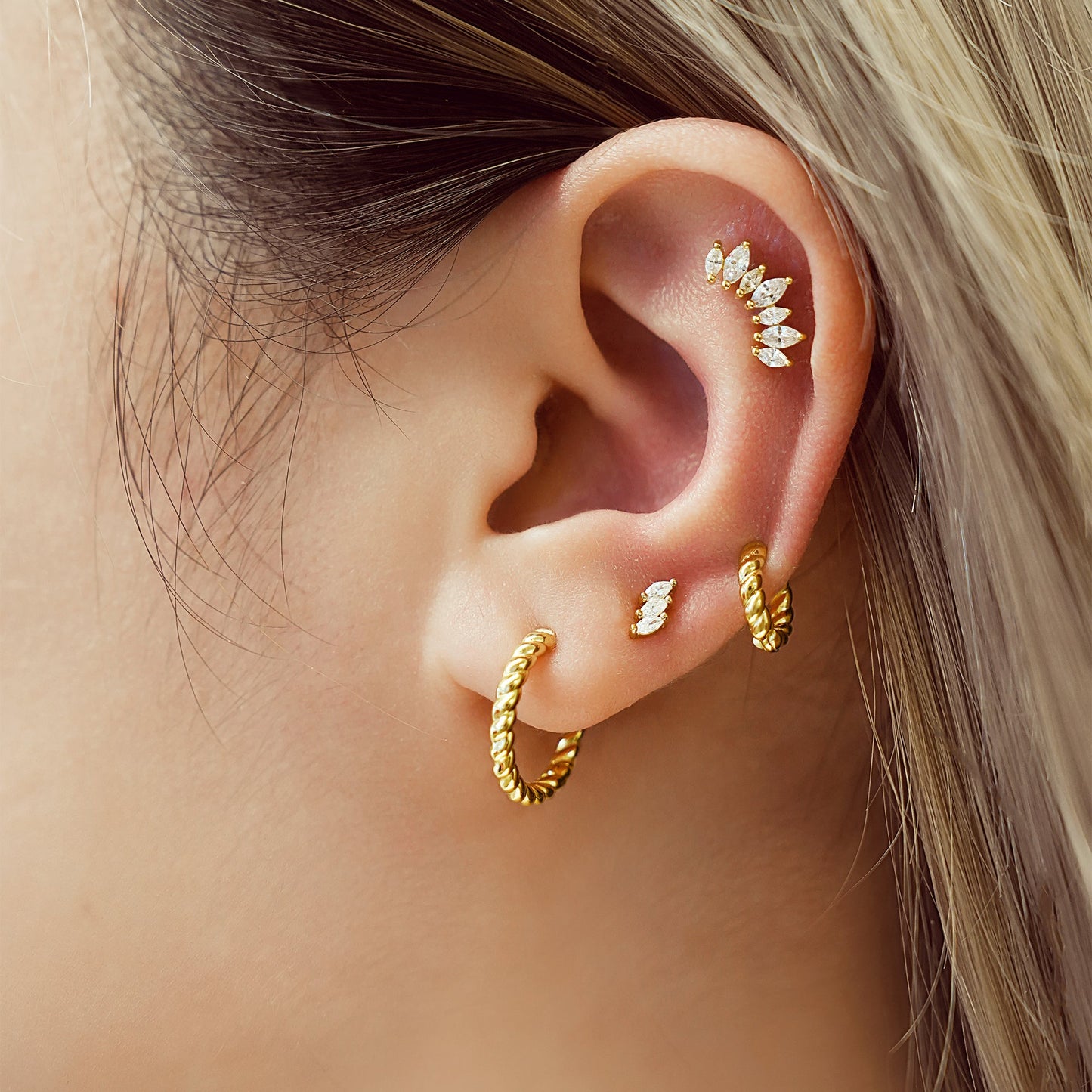 Gold Triple Marquise Stud Earrings