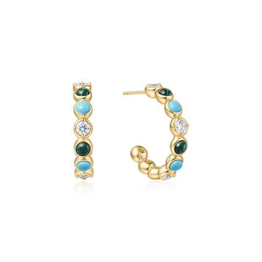 Gold Malachite and Turquoise Large Hoops