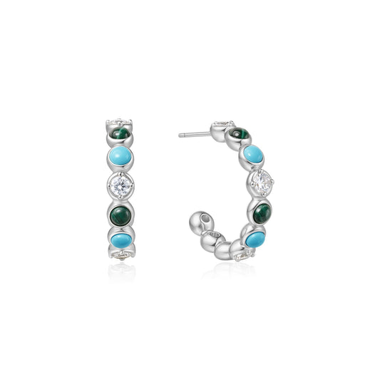 Silver Malachite and Turquoise Large Hoops
