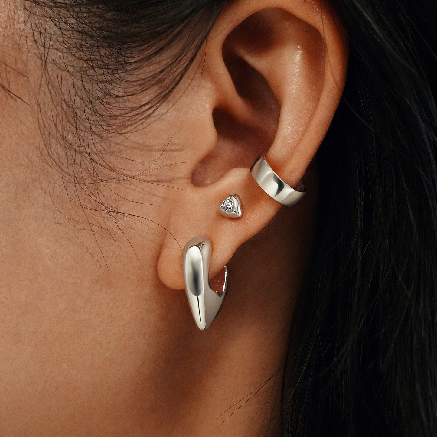 Silver Puffy Shield Huggie Hoop Earrings