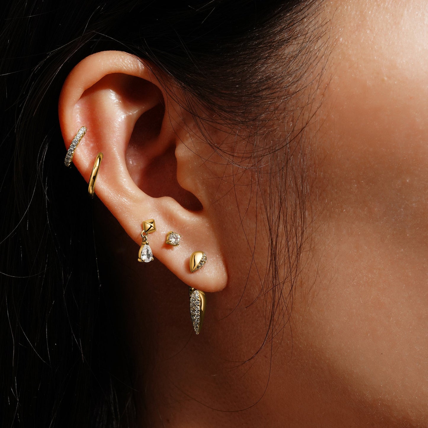 Gold Pyramid Dangle Threaded Stud Earrings