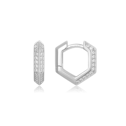 Silver Sparkling Shield Huggie Hoop Earrings