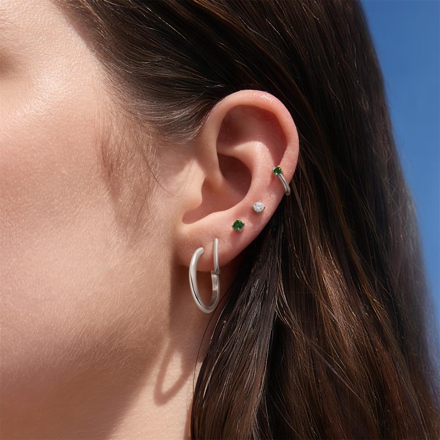 Silver Green Huggie Hoop Earrings