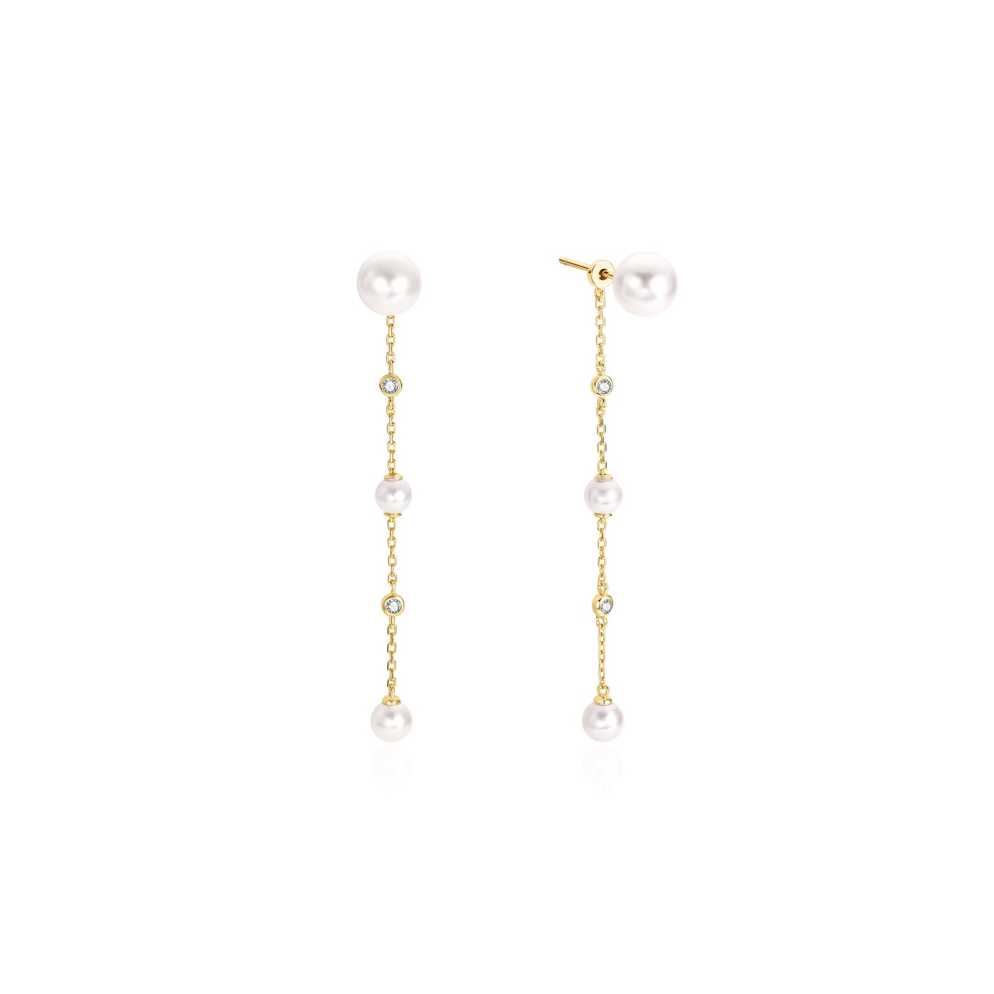 Gold Cascade Shell Pearl Station Drop Stud Earrings