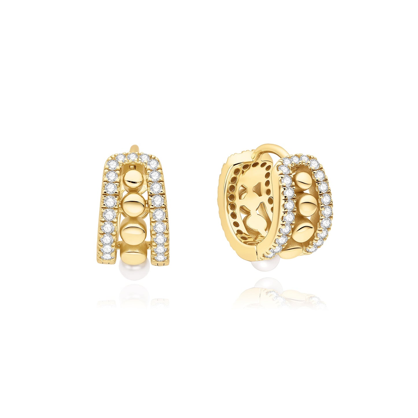 Gold Sparkling Shell Pearl Row Huggie Hoop Earrings