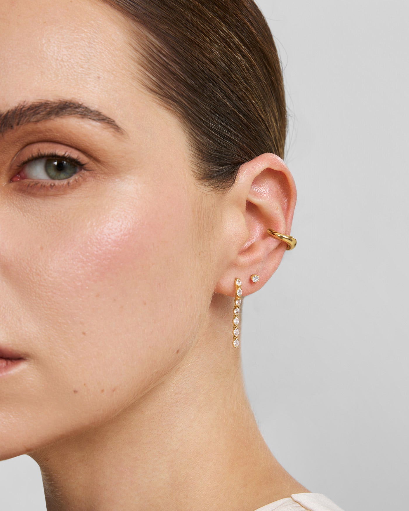 Gold Half-Bezel Oval Linear Dangle Stud Earrings